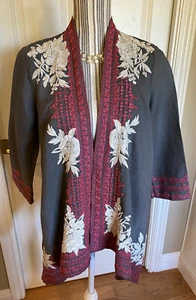 Gr. PXS -Johnny Was- grau & burgunderrot verzierter Leinen Kimono EUC-131 - Bild 1 von 7