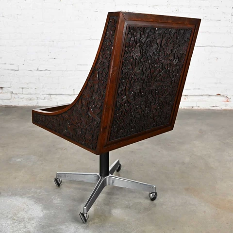 Vintage Chinoiserie Hand Carved Rosewood Rolling Desk Chair from Bangkok Thailan Cover