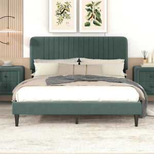Full Queen Size Platform Bed Frames with Velvet Upholstered Headboard Wood Slats