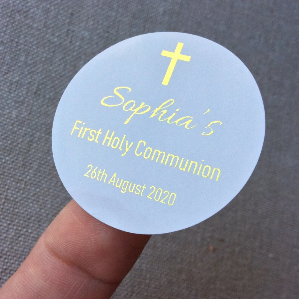 Etiquetas adesivas de presente personalizadas folha de ouro primeira comunhão festa favor caixa - Imagem 1 de 4