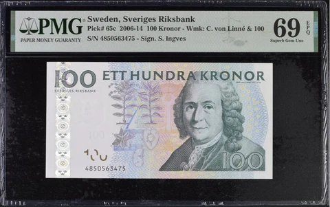 Sweden 100 Kronor 2006-2014 P 65 c Superb Gem UNC PMG 69 EPQ Top Pop Cover