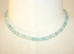 Handmade 14K White Gold Natural Round Aquamarine Beaded Necklace 16" - Picture 1 of 8