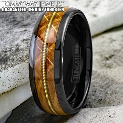 Anillo de alianza de boda para hombre de madera de barril de whisky de tungsteno negro de 8 mm Foto 1 de 4
