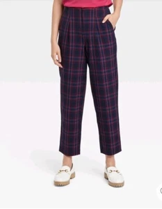 a new day women's high rise relaxed fit tapered leg trousers navy plaid NWT 8R - Picture 1 of 8