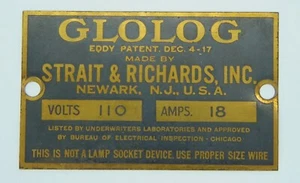 Etiqueta de metal vintage Glolog Strait & Richards patente Newark NJ 4-17 suscriptores L - Imagen 1 de 2