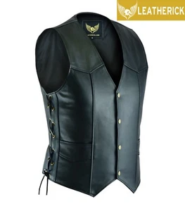 Mens Classic Side Lace Motorcycle Biker Black Leather Fashion Waistcoat Vest - Picture 1 of 11