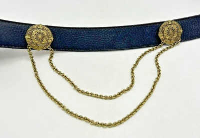 Vintage Belt Womens Small Donna Karan DKNY Black Leather Chain Statement USA 80s - Image 1 of 4