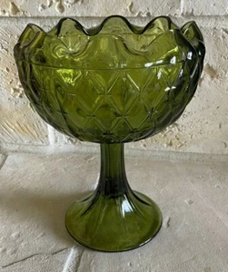 Vintage 1970s INDIANA GLASS Avocado Green Duette Quilted Pattern Pedestal Bowl - Picture 1 of 12