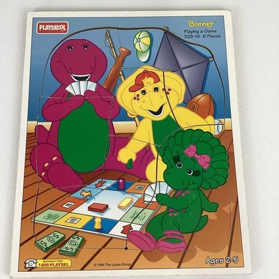 Playskool Barney Playing Games Wooden Tray Puzzle Vintage 90s BJ Baby Bop 328-16 - Image 1 of 4