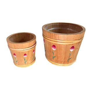 Cottagecore Wooden Planter nesting Set of two- bamboo pink tulips- fairy rustic - Picture 1 of 7