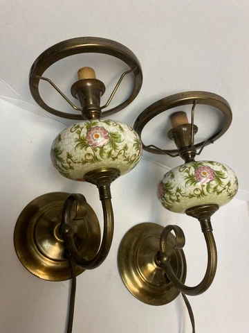 Vintage Pair Metal Brass Ceramic Wall Sconce Light Fixtures Made in Italy Cover