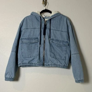Hooded Jacket*Ashley Vintage Charm* Denim Zip Sherpa Lined Blue Women's Large - Picture 1 of 8