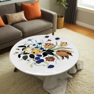 White Marble Coffee Table with Semi-Precious Inlay Stone Pietra Dura Floral Art - Picture 1 of 11