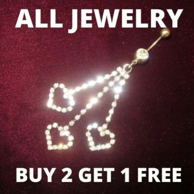 Стразы пупок кнопка кольцо серебряный кристалл 3 сердца висячие кисточки подвеска блестящий - Изображение 1 из 4