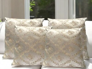 Beige Gold Cushion Covers 18 X 18" Set of 4 Shimmer Floral Jacquard Embossed Zip - Picture 1 of 13