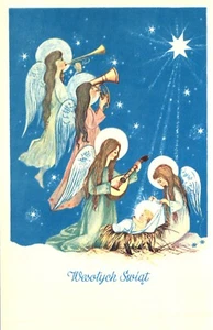 Postal esmalte Wesołych Swiat Feliz Navidad Ángeles en el Bebé Jesús - Imagen 1 de 2