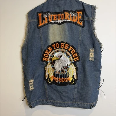 复古牛仔夹克背心男式改装 80 年代 - 90 年代牛仔卡车司机刺绣摩托车阅读 — 第 1/4 张图片