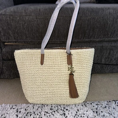Lauren Ralph Lauren Natural Crochet-Straw Medium Whitney Tote Bag BNWT rrp £185