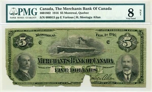1916 $5 Merchants Bank of Canada - Very Good, PMG VG 8 - Picture 1 of 2