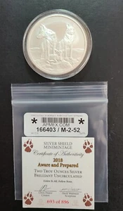 2018 Silver Shield Aware and Prepared BU 2 oz .999 Silver Art Round COA - Imagen 1 de 3