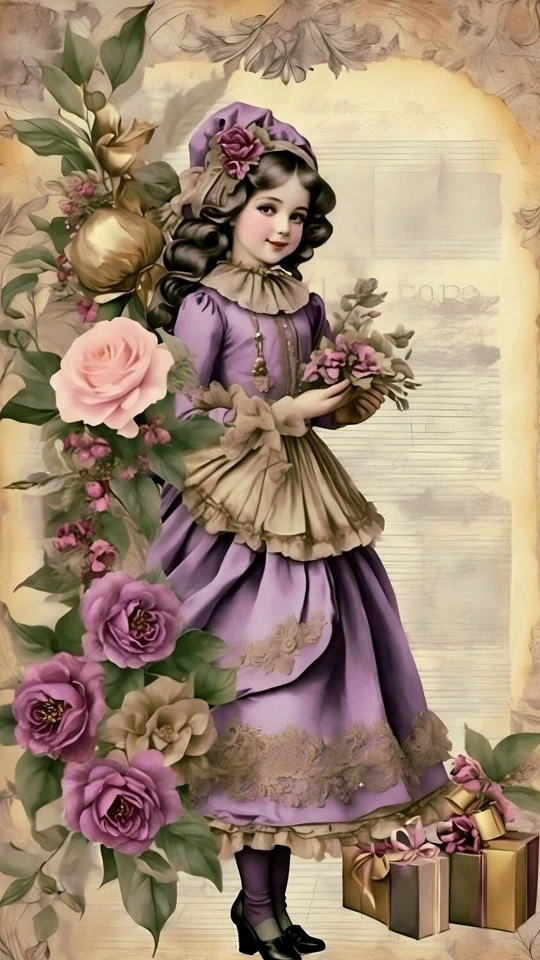 Niña navideña púrpura victoriana con rosas #1 - Edredón 6x10 o bloque de tela de algodón Foto 1 de 1