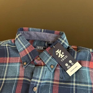 IZOD Camicia di flanella con bottoni manica lunga a quadri morbida blu rossa uomo media nuova con etichette - Foto 1 di 10