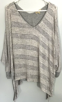 Democracy Sweater Womens XL Gray V Neck Striped Sharkbite Hem Pullover Boho Knit - Image 1 of 4