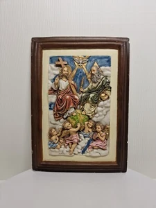 Vintage Keramik Wandbehang 3D Bild Plakette Jesus Christus mit Engeln im Himmel D8 - Bild 1 von 11