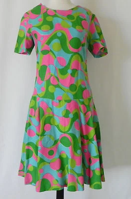Vtg Dress Shot Sleeve Round Neck Neon Multi-Color Drop Waist Back Zip Size 6 - Image 1 of 4