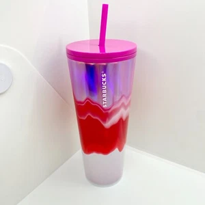 Starbucks 24 Oz Pink Wave 2021 Holiday Silver White Tumbler Cold Cup Marble NEW - Picture 1 of 4
