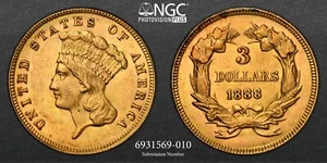 1888 $3 Princess Three Dollar Gold NGC MS-61 - Picture 1 of 7