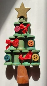 Green Christmas Tree with Star Hand Made 6" Wooden Thread Spool Ornament O719 - Picture 1 of 2