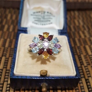 925 Sterling Silver Ring, Multi Gemstones Ring, Size L US 5.75, Red Garnet,Topaz - Picture 1 of 7