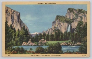 Postal de lino de 1947 del Parque Nacional de Yosemite The Gateway From Bridal Veil Meadows - Imagen 1 de 2