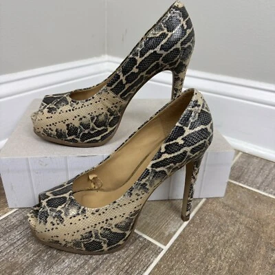 KELSI DAGGER OPEN TOE, Black Leather Snake skin High Heel, Laisey Pumps Sz 8.5 - Image 1 of 4