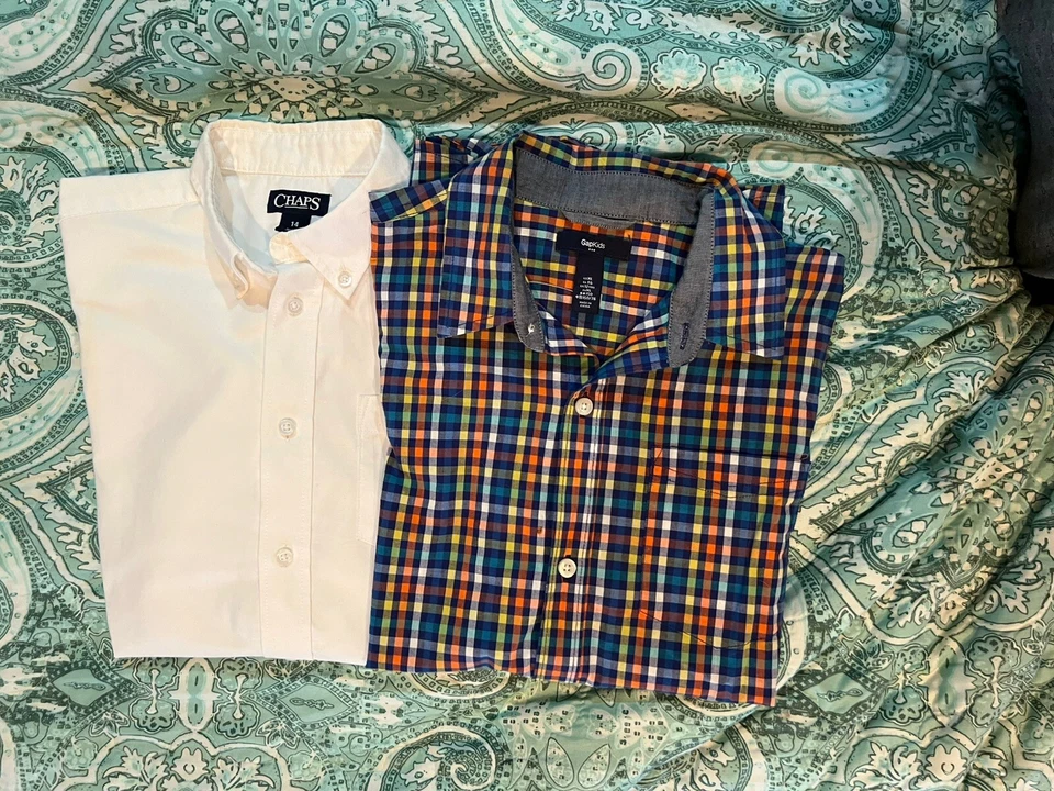 Two Boys XL Button Down Shirts - Classic White Chaps Brand And Plaid Gap kids - Image 1 of 4