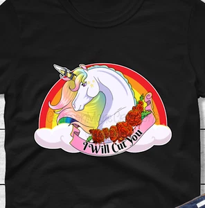 Unicorn T-Shirt - Murder Emo I Will Cut You - Novelty Edgy Rainbow Ladies Mens - Picture 1 of 9
