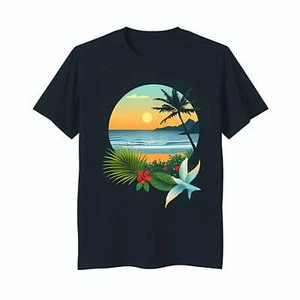 Stylish Black T-Shirt with Vibrant Tropical Beach Scene Graphic - Picture 1 of 12