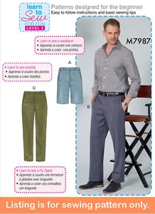 MODELLO CUCITO Abbigliamento Uomo Abbigliamento Facile Semplice Pantaloni Pantaloncini Impara a Cucire 7987 - Foto 1 di 3