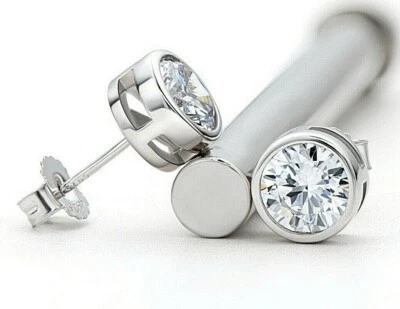 2 Ct Round Cut Bezel Set Lab Created Stud Earring 14K White Gold 7mm Push Back - Image 1 of 4