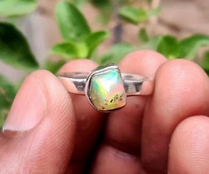 925 Sterling Silver Natural Multi Fire Ethiopian Welo Opal Rough Ring Size-8 US - Picture 1 of 17