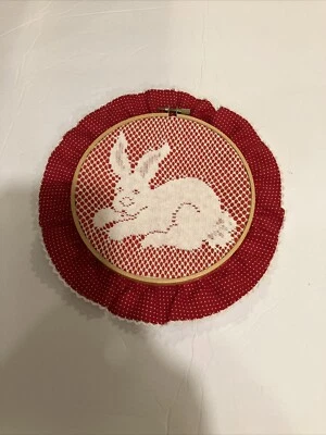 Bunny Embroidery Hoop Vintage Wall Art Decor Eyelet Red & White 9” 1980’s - Image 1 of 4
