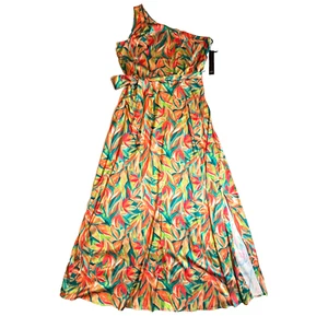 Nicole Miller tropisches One-Shoulder-Maxikleid mit Schlitz vorne schick Gürtel 8 Satin - Bild 1 von 15