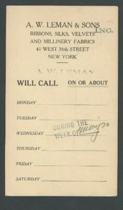1926 NY A W Leman Y& Sons Selling Ribbons Silks Velvets Salemans Callling Cards - Picture 1 of 1