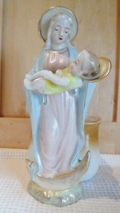 Statua vintage Vergine Madre Maria Madonna Bambino Gesù piantatrice sulla luna crescente - Foto 1 di 7