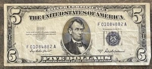 silver certificate five dollar 1953 series A blue stamp  - Picture 1 of 2