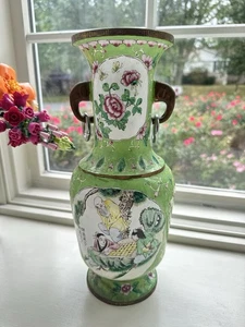 13” Vintage Chinese Cloisonné Enamel Vases Scholar & Landscape Scenes Green - Picture 1 of 11
