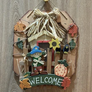 Letrero de bienvenida otoño otoño espantapájaros madera colgante de pared decoración 14x11" Halloween de colección - Imagen 1 de 5