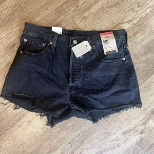 Levi's 501 High Rise Denim Shorts Black Distressed Cut Off Button Fly Womens 29 - Picture 1 of 14