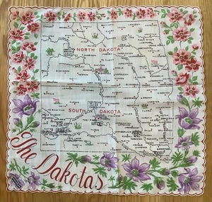 Pañuelo estatal de recuerdo vintage "Las Dakotas" Ranshaw con etiqueta de papel - Imagen 1 de 2